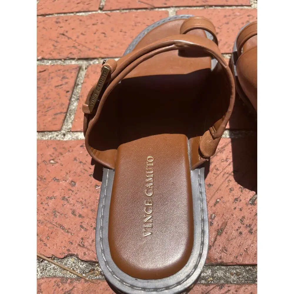 Vince Camuto Cooliann Toe Ring Leather Slide Sandals Tan Cognac Women's 8